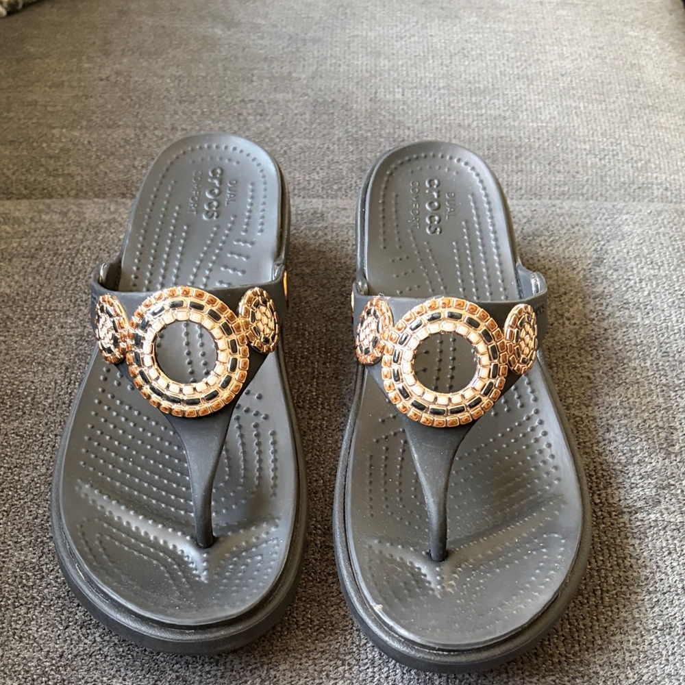 CROCS Black Sandal with Gold-Tone Circular Gem Accents